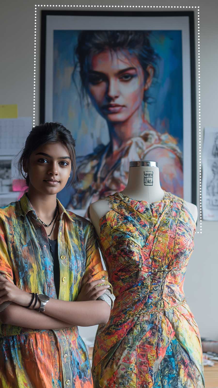 A fashion designer next to a mannequin with a large poster of herself in the background.