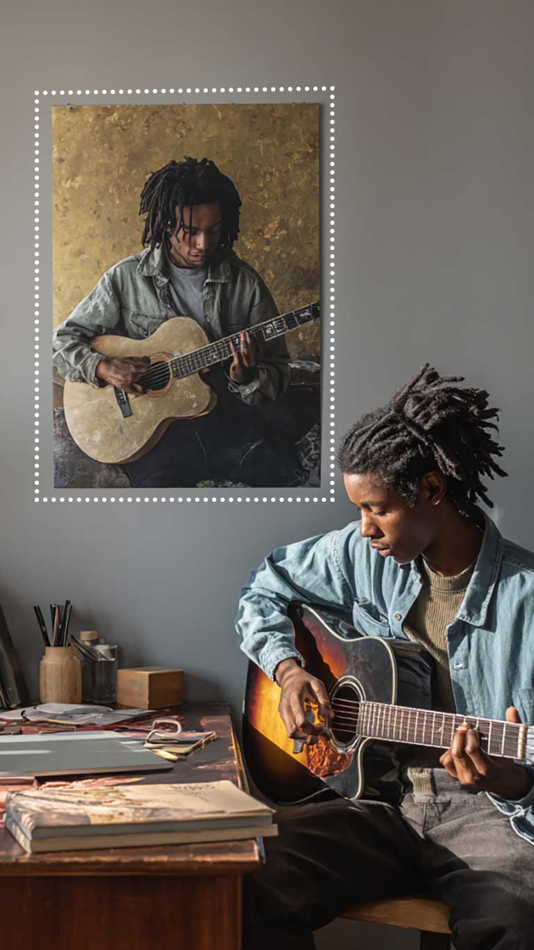 Young man playing guitar in his bedroom with large poster of himself in the background
