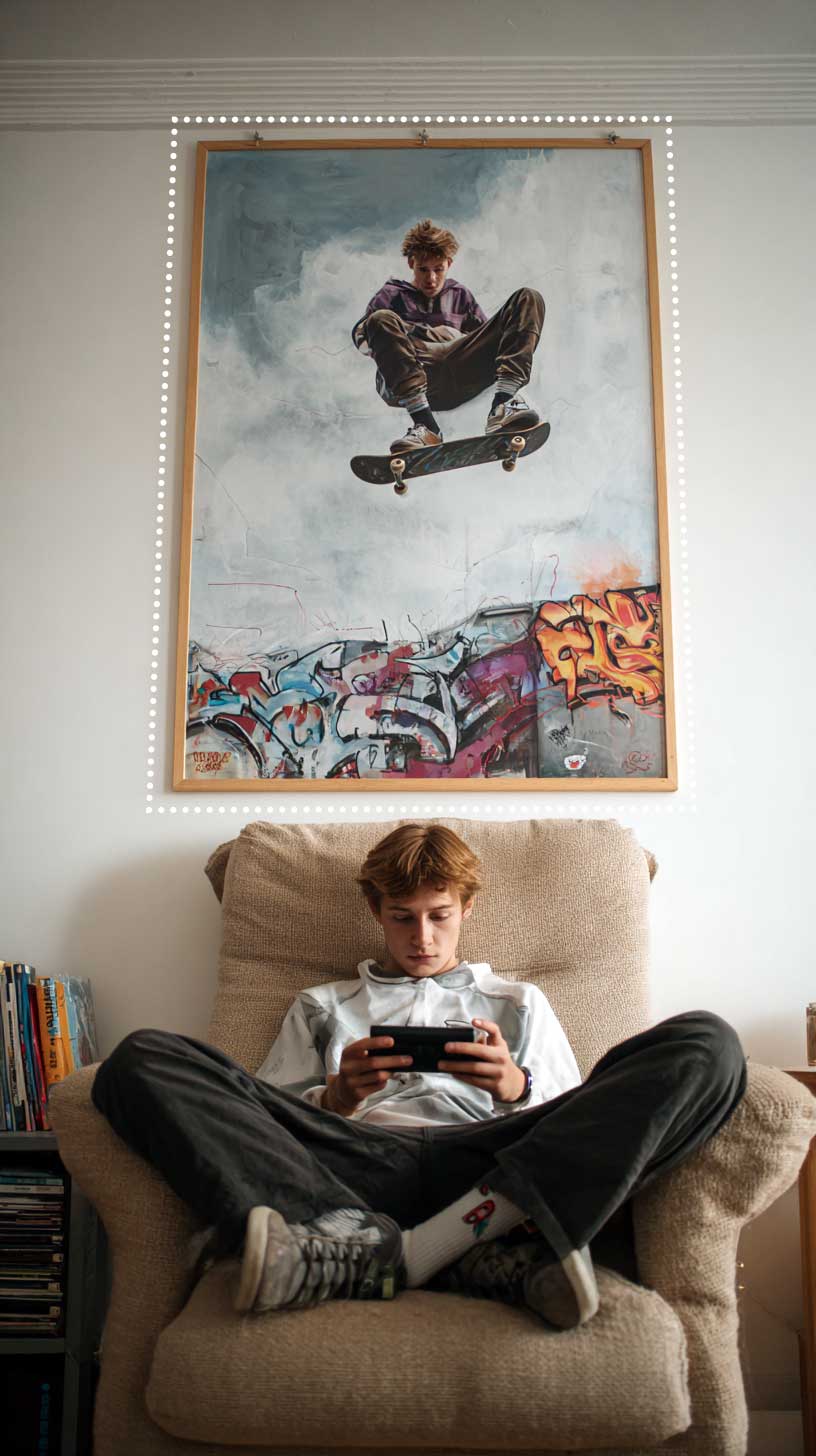 A young man sits in an armchair. Behind him is a large poster of himself on a skateboard in mid-air above graffiti.
