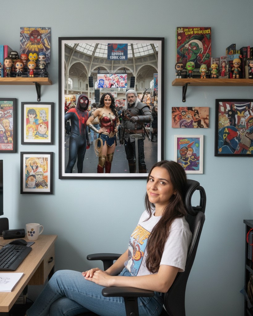 A young woman sits at her desk in a room filled with comic art, featuring a large framed poster of cosplayers dressed as Wonder Woman, Spider-Man, and Geralt of Rivia at London Comic-Con.