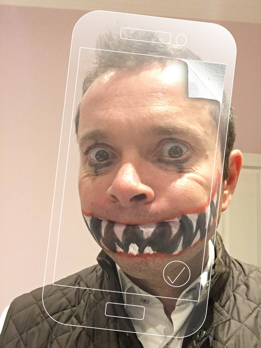 Person in dramatic Halloween face paint with phone overlay and peeling corner effect