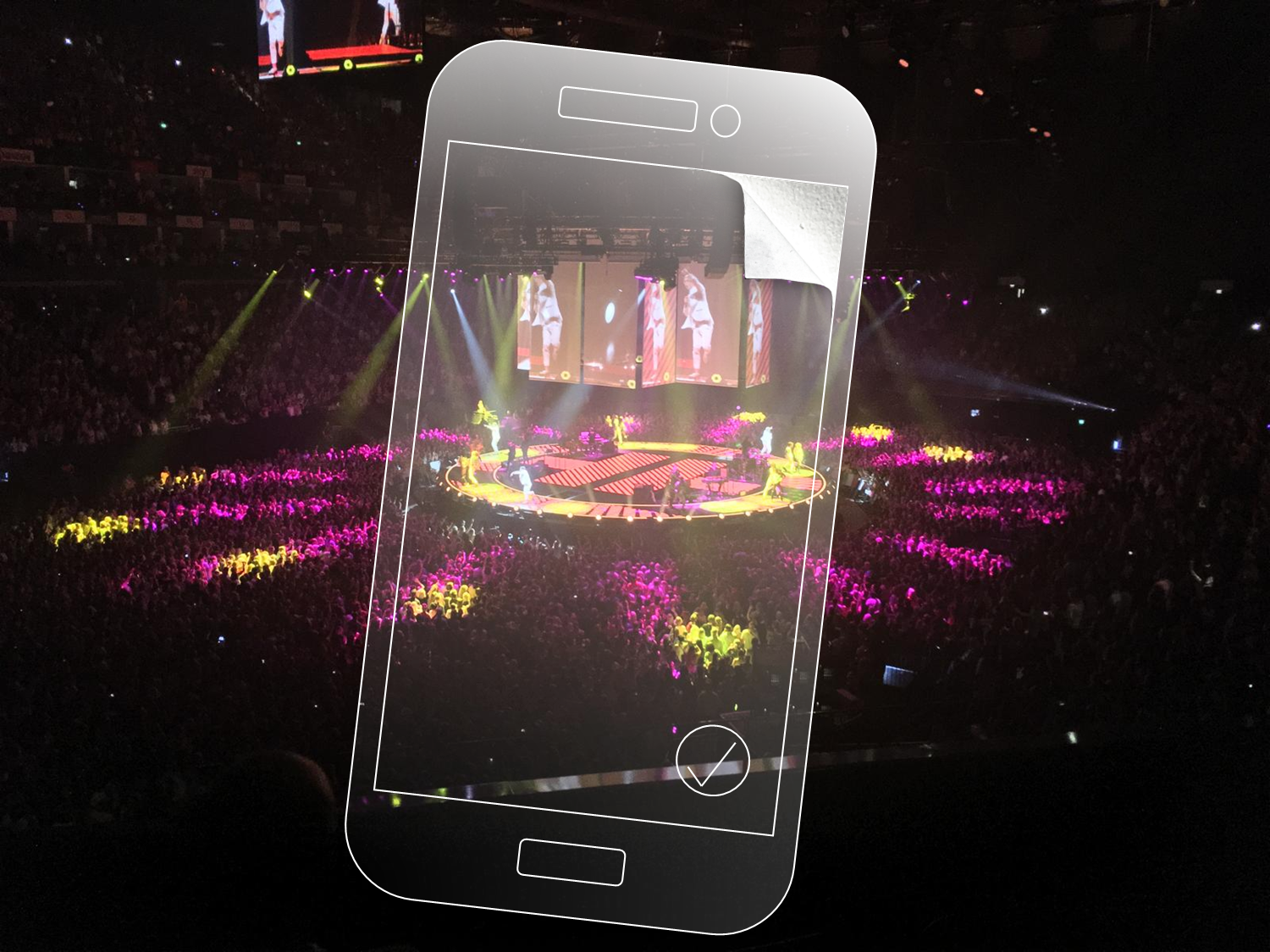 Massive arena concert with crowd and stage lights with phone overlay and peeling corner effect