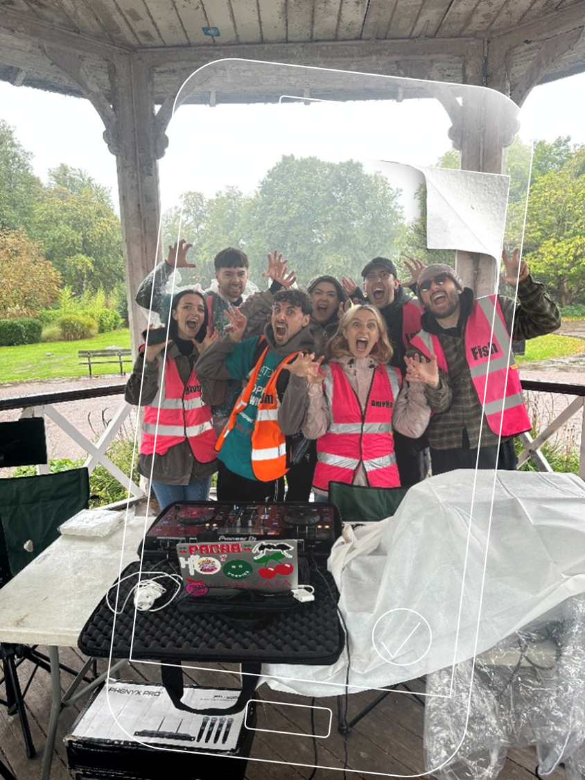 Group team photo with phone overlay and peeling corner effect